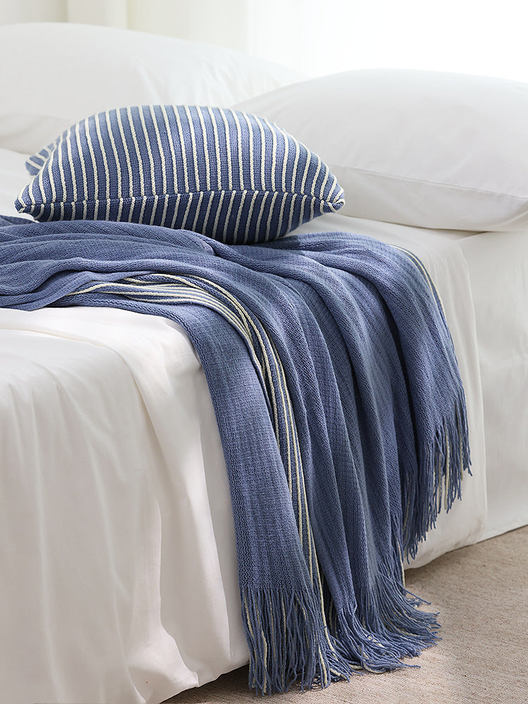 Blue Cozy Knit Throw Blanket with Fringe – Stylish Striped  Bed End Cover, 127x170cm