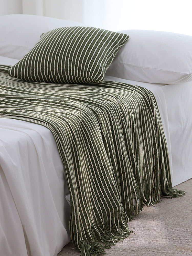 Green Cozy Knit Throw Blanket with Fringe - Stylish Striped  Bed End Cover, 127x220CM