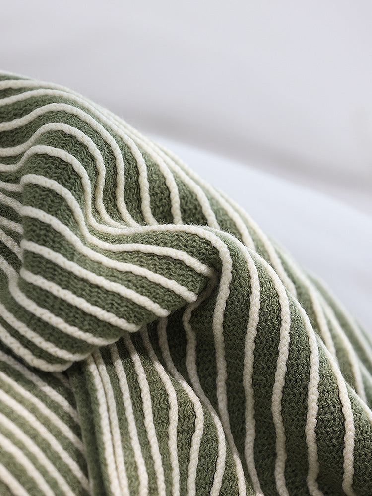 Green Cozy Knit Throw Blanket with Fringe - Stylish Striped  Bed End Cover, 127x220CM