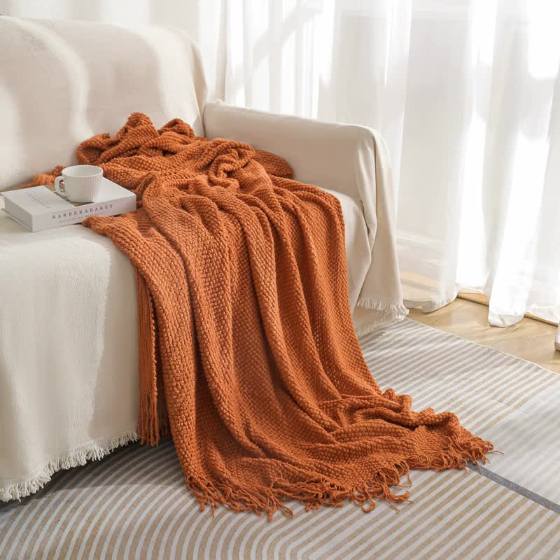 Orange Premium Woven Knitted Throw Blanket with Tassels | Soft, Cozy Sofa & Bed Blanket, Perfect for Office or Afternoon Naps 130x260cm