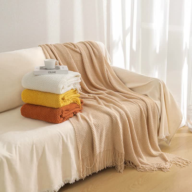 Orange Premium Woven Knitted Throw Blanket with Tassels | Soft, Cozy Sofa & Bed Blanket, Perfect for Office or Afternoon Naps 130x260cm