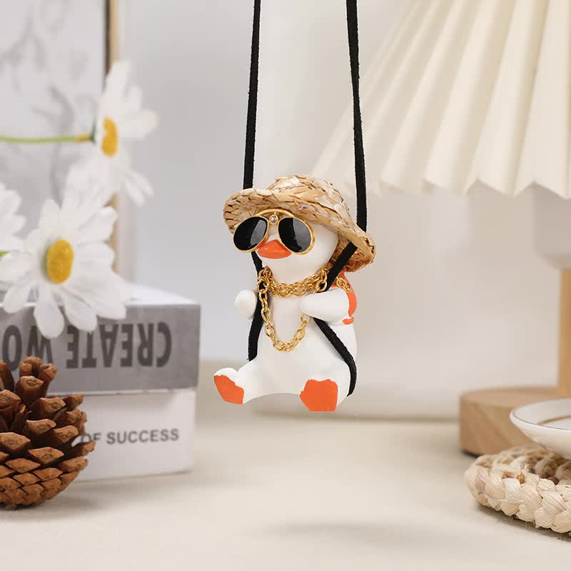 White+Orange 2 pcs Rocking Duck Car Ornament - Cute duck figurine with hat and small school bag, car interior decoration