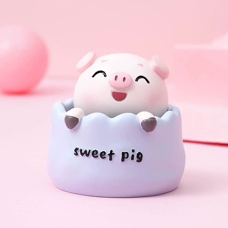 2 pcs Blue Cute Pig Head Bobble Head Car Ornament | Resin Pig Doll for Car Dashboard Decoration 6.5x7cm