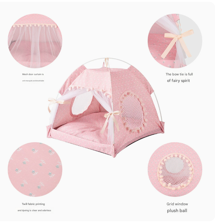 Pink Floral Portable Folding Pet Tent - Summer Cat & Dog Shelter with Mesh Window, Lightweight and Breathable, Ideal for Travel & Home Use 40x40x35CM