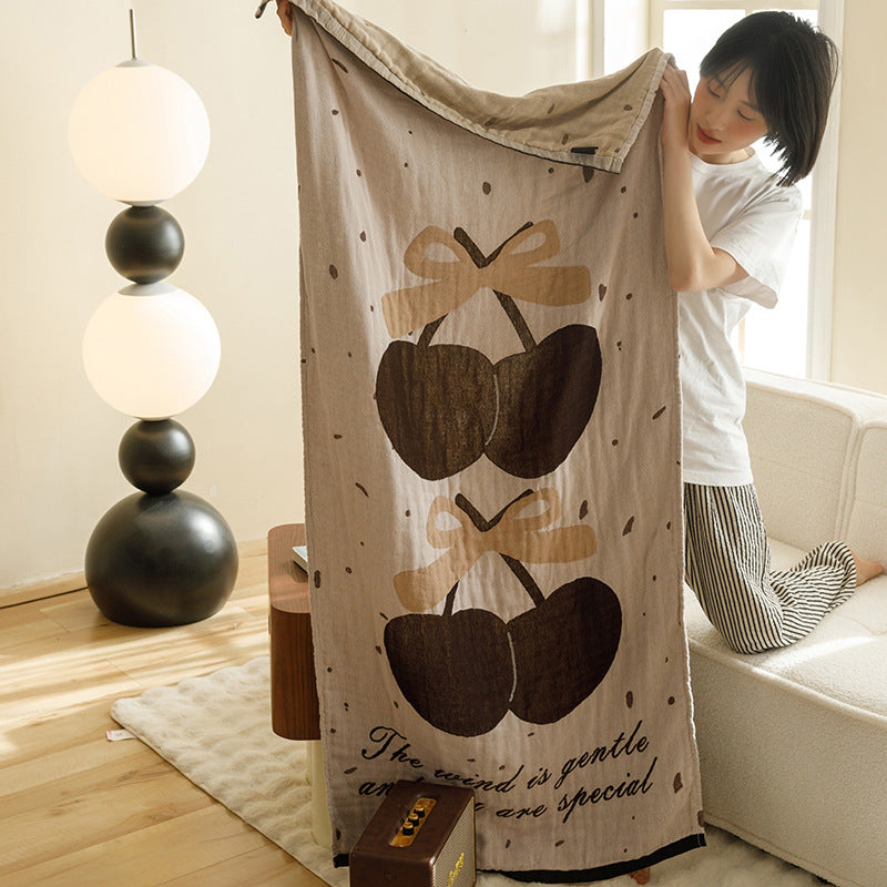 Brown Cherry Pattern Soft and Absorbent 4-Layer Cotton Bath Towel for Adults and Children | Cartoon Design | 80*160 cm | Perfect for Bathing and Lounging