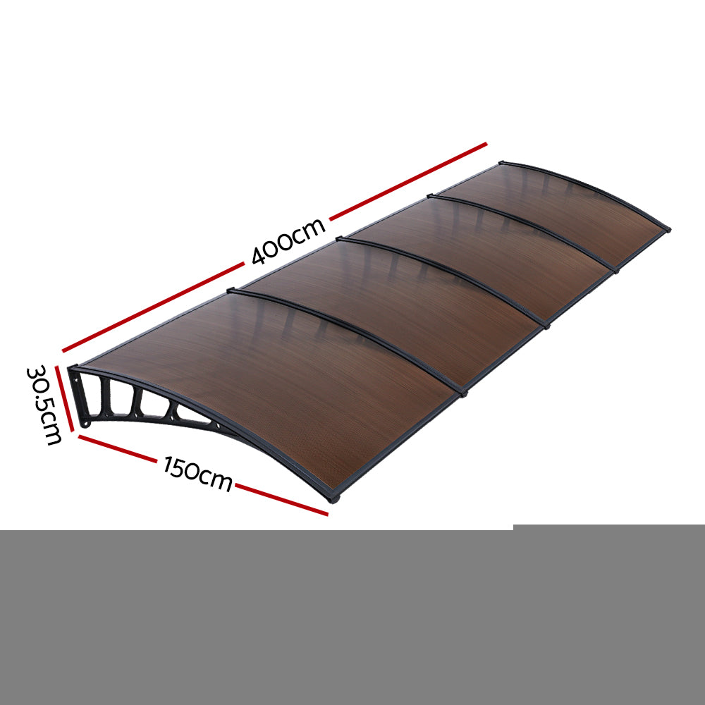 Instahut Window Door Awning Canopy 1.5mx4m Brown Sheet Black Plastic Frame