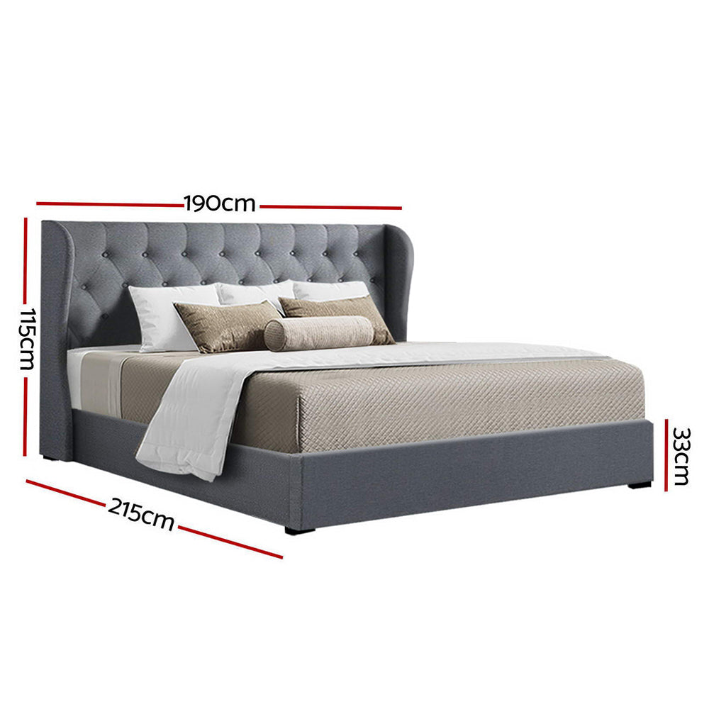 Artiss Issa Bed Frame Fabric Gas Lift Storage - Grey King