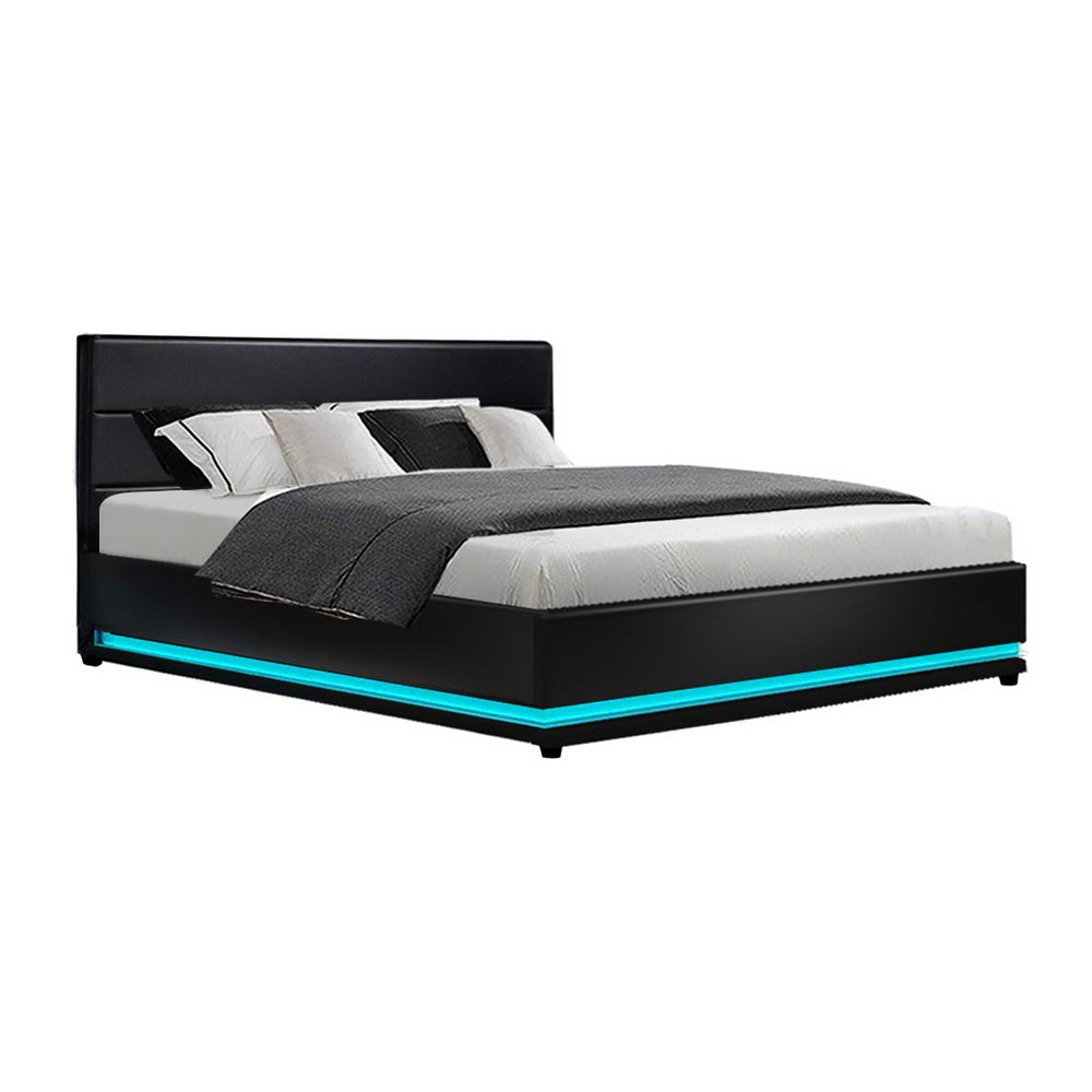 Artiss Lumi LED Bed Frame PU Leather Gas Lift Storage - Black King