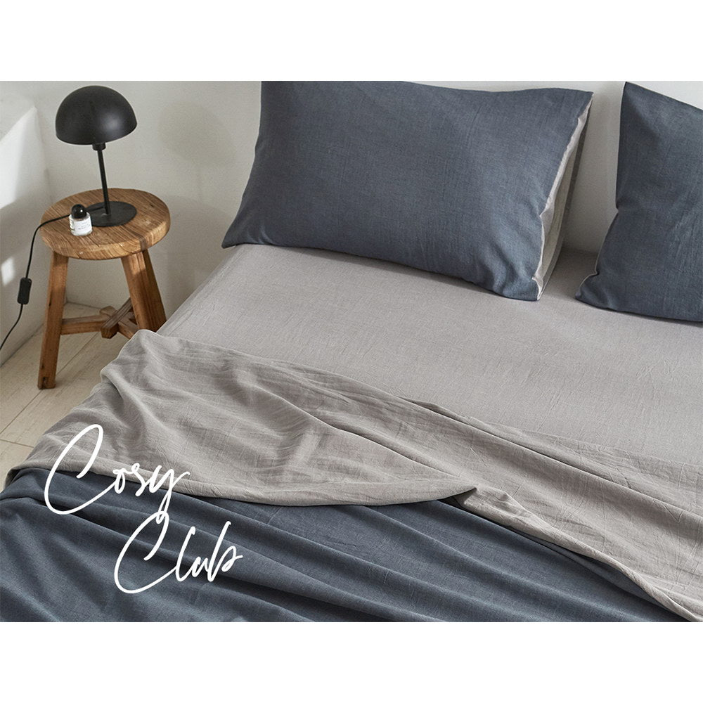 Cosy Club Sheet Set Cotton Sheets Single Blue Dark Grey