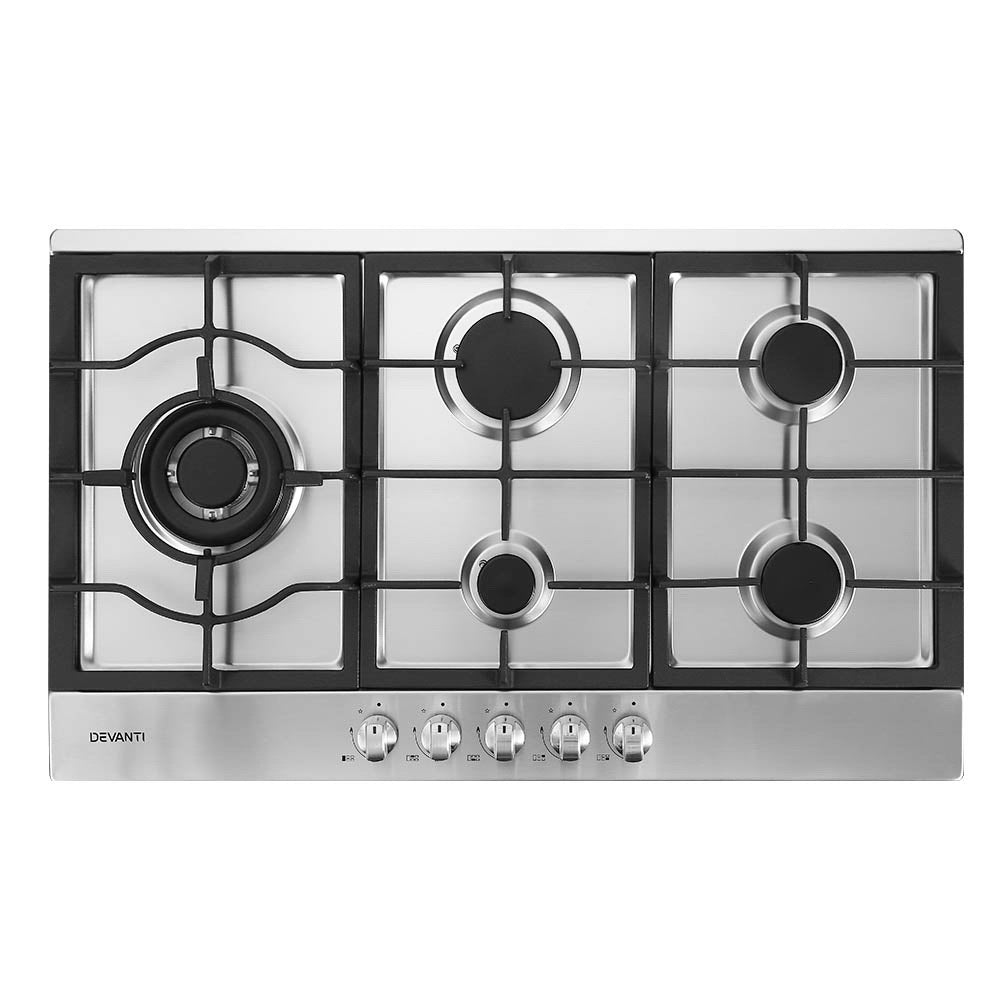 Devanti Gas Cooktop 90cm Kitchen Stove Cooker 5 Burner Stainless Steel NG/LPG Silver