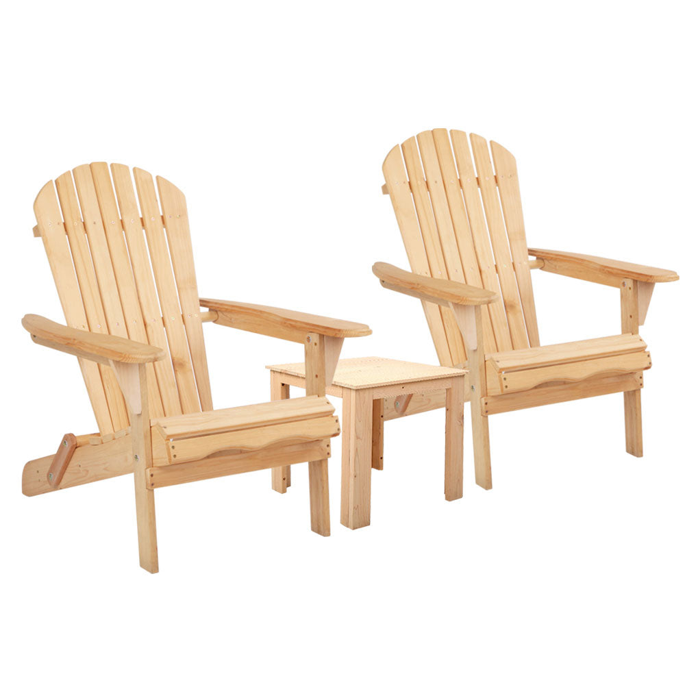 Gardeon 3PC Adirondack Outdoor Table and Chairs Wooden Foldable Beach Chair Natural