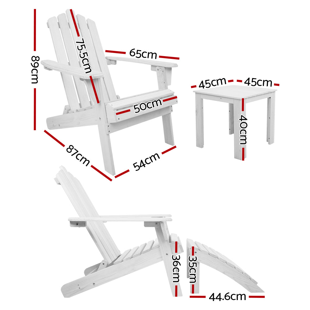 Gardeon 5PC Adirondack Outdoor Table and Chairs Wooden Sun Lounge Patio Furniture White