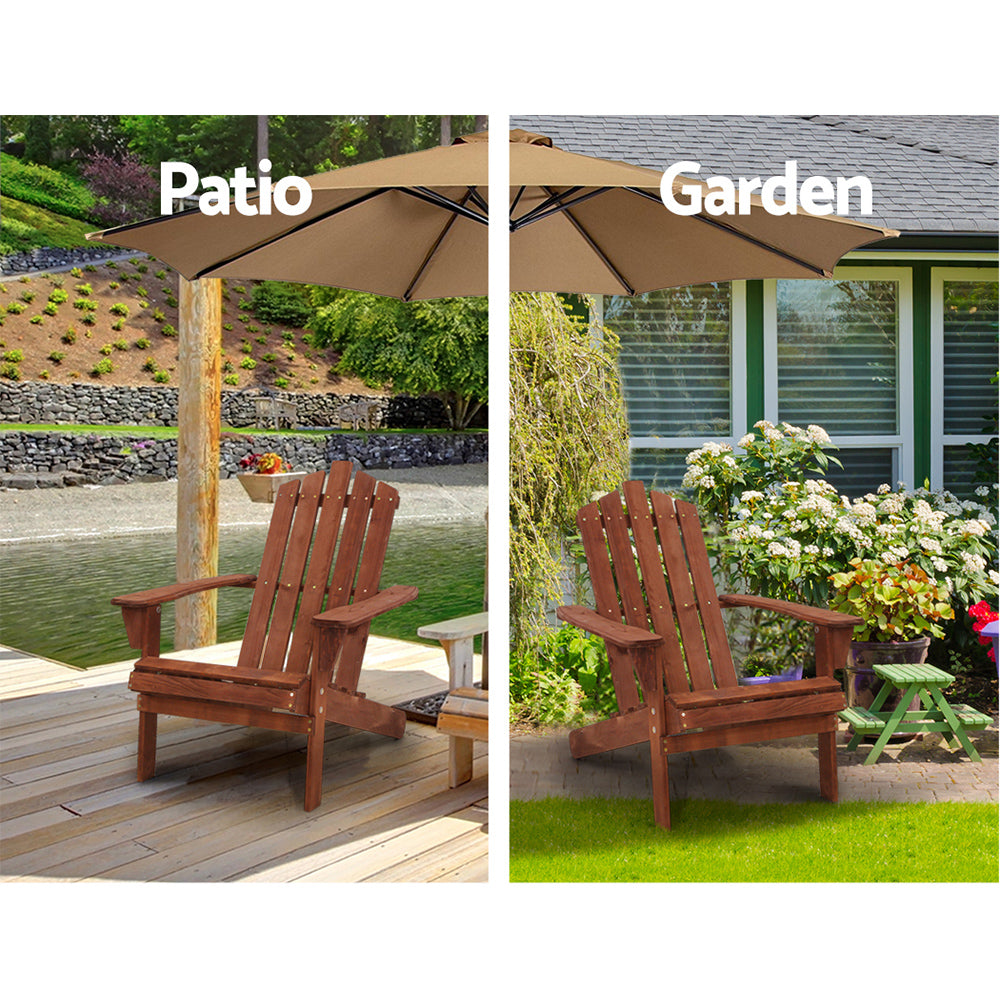 Gardeon 3PC Adirondack Outdoor Table and Chairs Wooden Beach Chair Brown