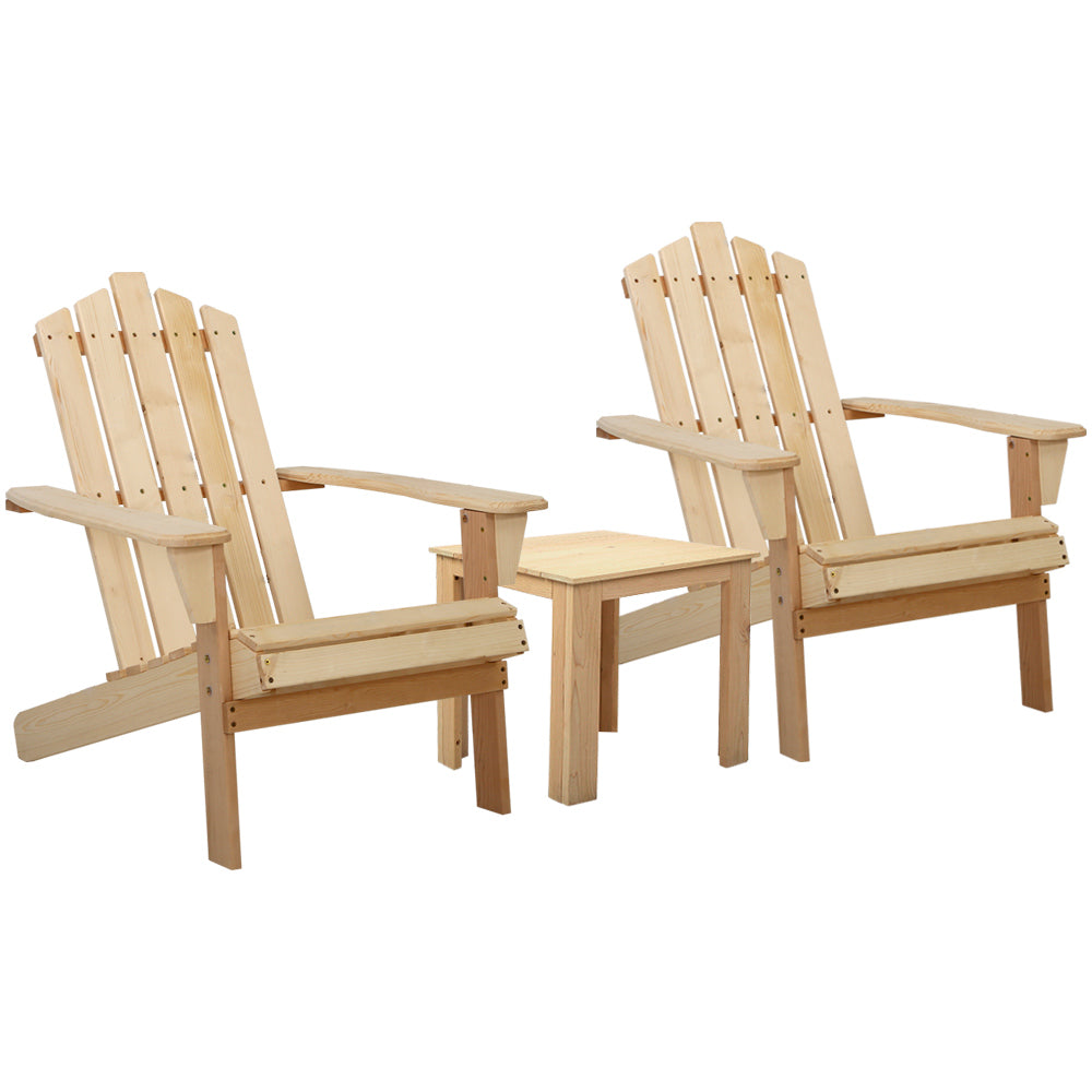 Gardeon 3PC Adirondack Outdoor Table and Chairs Wooden Beach Chair Natural