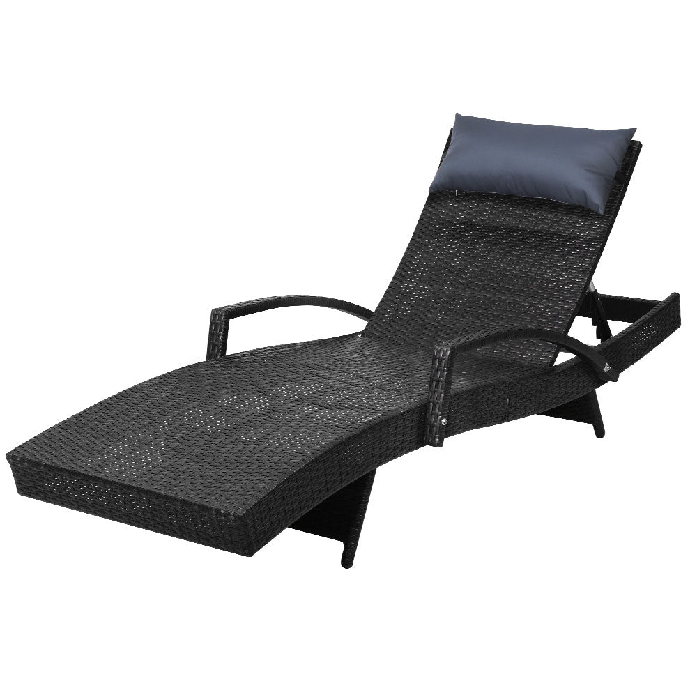 Gardeon Sun Lounge Wicker Lounger Outdoor Furniture Beach Chair Armrest Adjustable Black