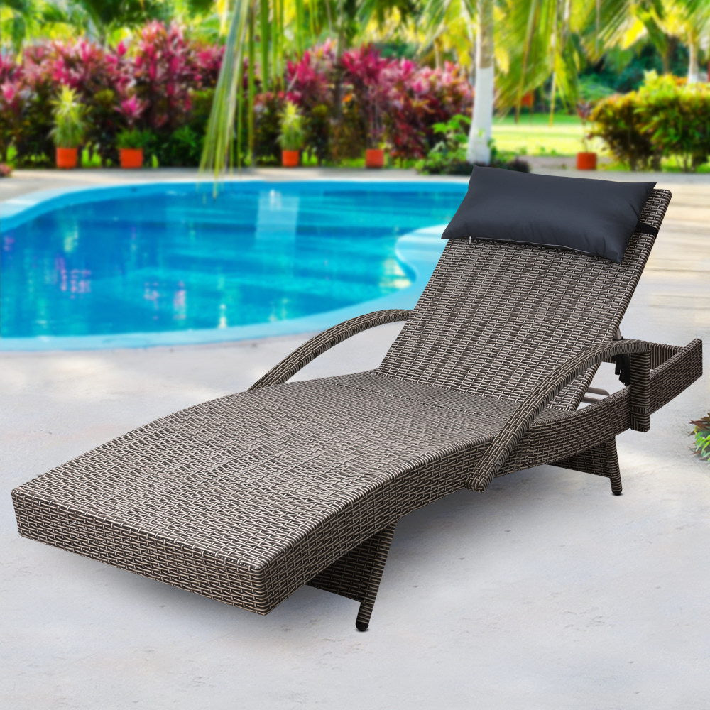 Gardeon Sun Lounge Wicker Lounger Outdoor Furniture Beach Armchair Adjustable Grey&Beige