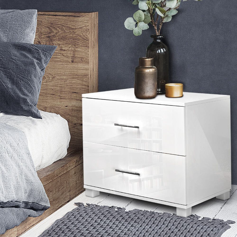 Artiss Bedside Table 2 Drawers High Gloss - ZARA White