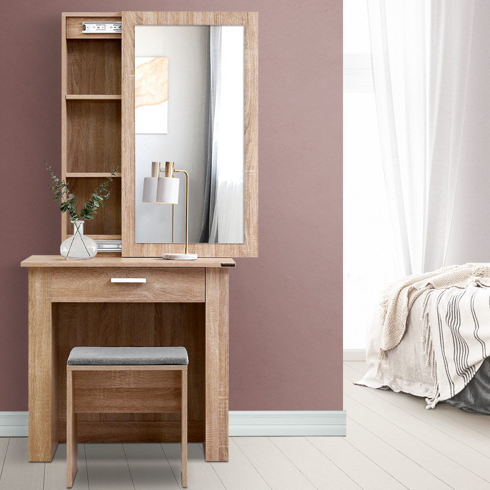 Artiss Dressing Table Stool Set Sliding Mirror Oak Demi