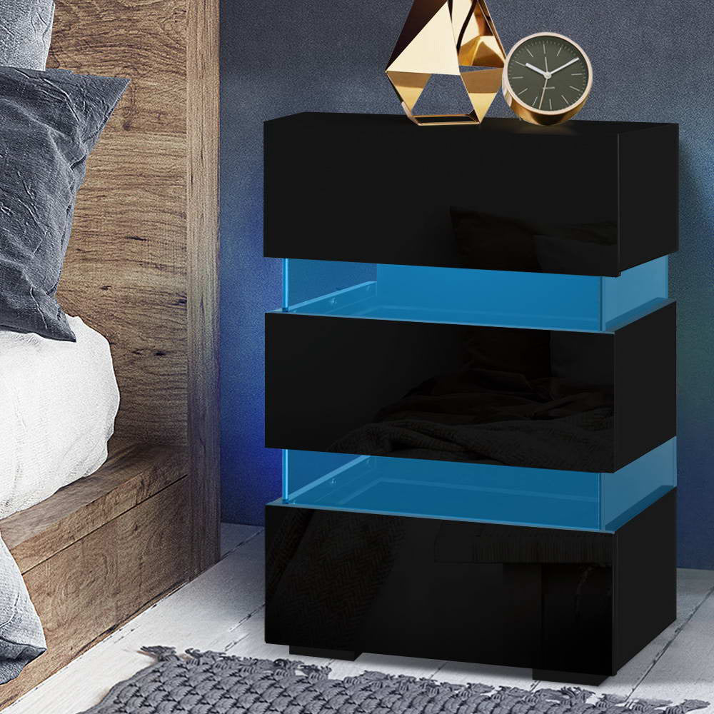 Artiss Bedside Table LED 3 Drawers - LUMI Black