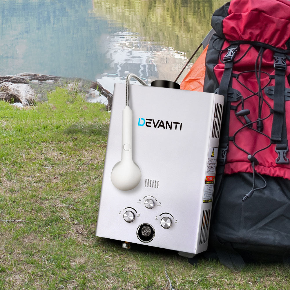 Devanti Outdoor Gas Water Heater Portable Camping Shower 12V Pump Silver