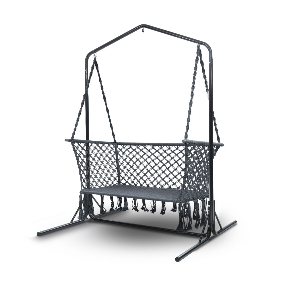 Gardeon Hammock Chair with Stand Macrame Outdoor Garden 2 Seater Grey