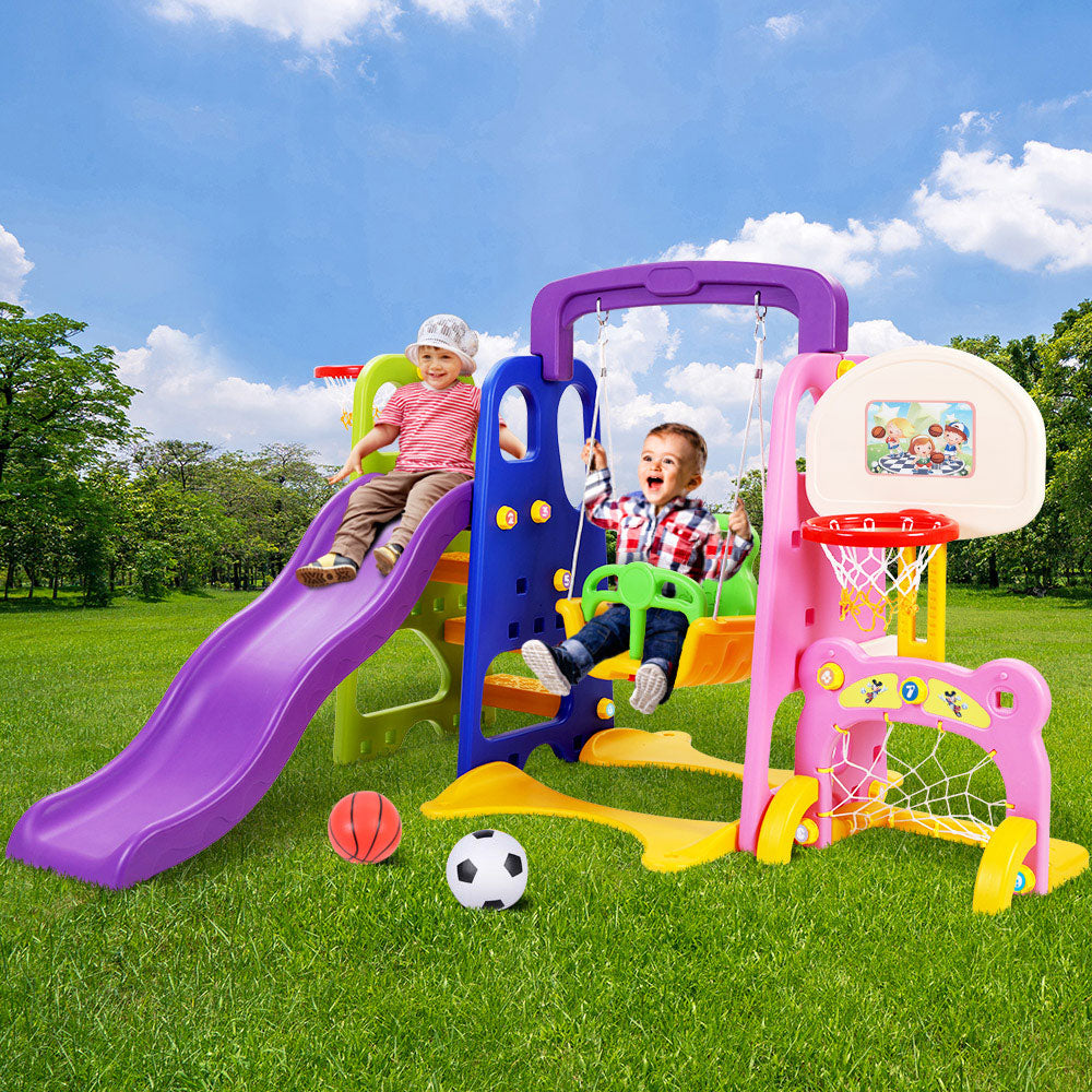 Keezi Kids Slide Swing Set Basketball Hoop Study Table Outdoor Toys 140cm Purple