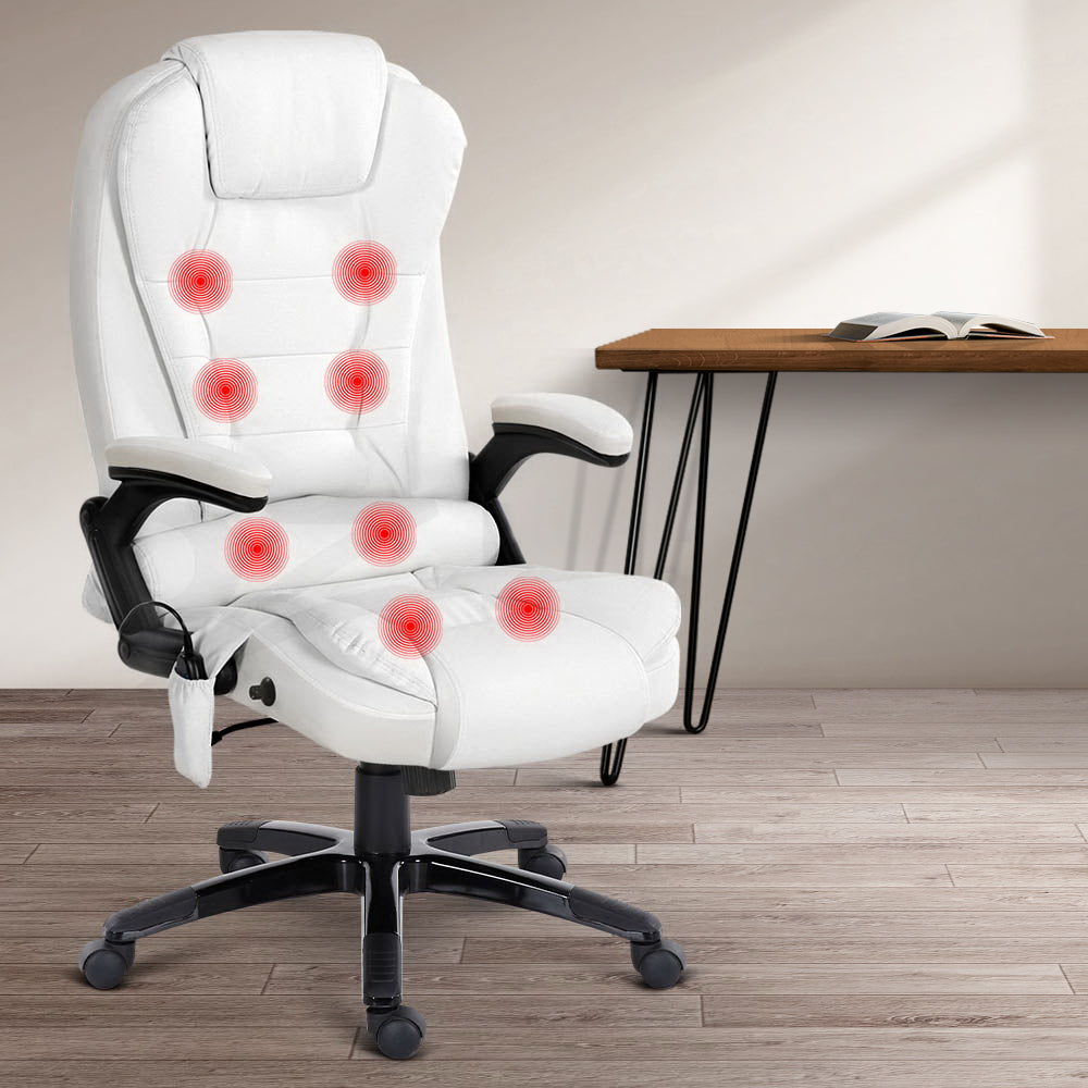 Artiss 8 Point Massage Office Chair Heated Seat Recliner PU White