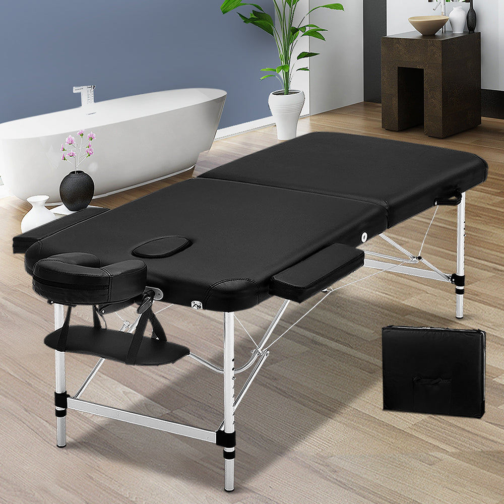 Zenses Massage Table 55cm 2 Fold Aluminium Massage Bed Portable Beauty Therapy Black