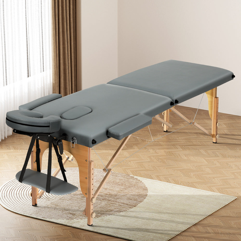 Zenses Massage Table 56CM Width 2Fold Portable Wooden Therapy Beauty Bed Grey