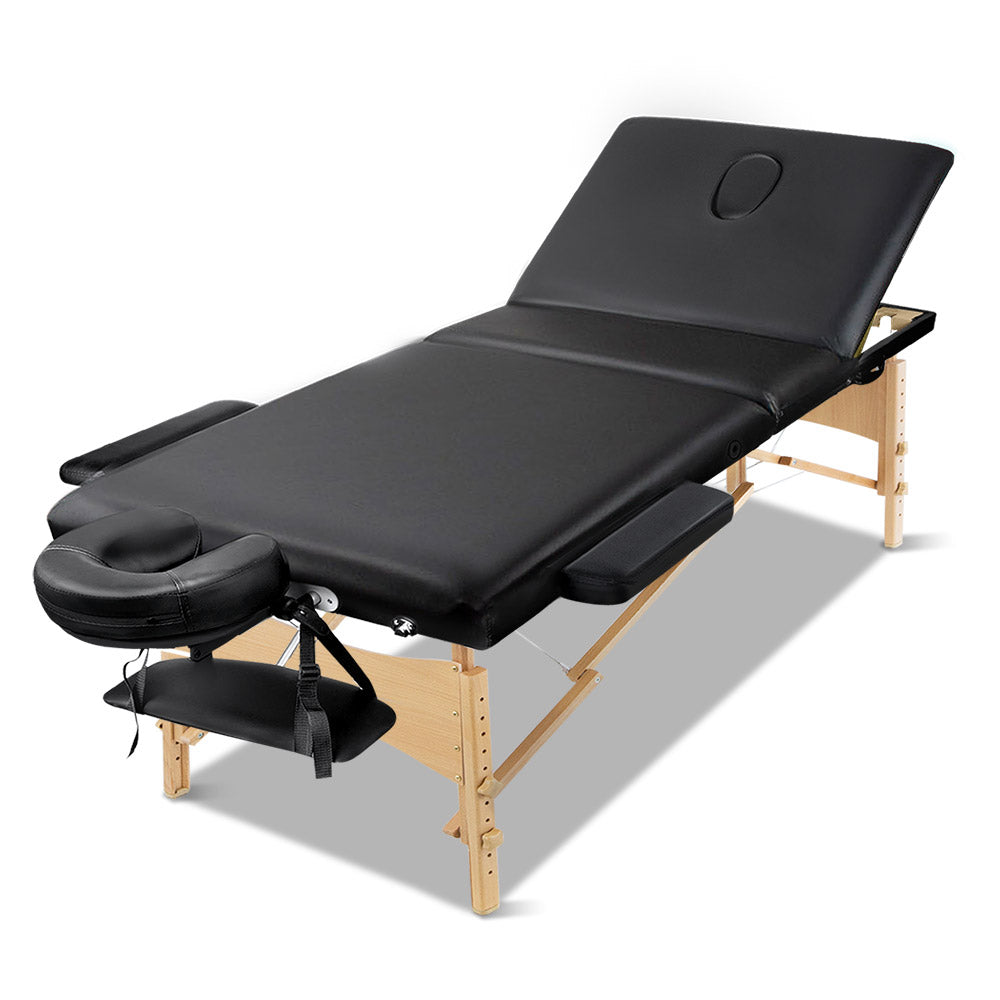 Zenses Massage Table 75cm 3 Fold Wooden Portable Beauty Therapy Bed Waxing Black