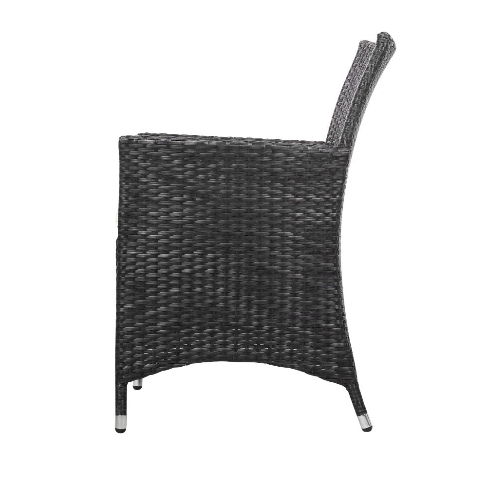 Gardeon 3PC Outdoor Bistro Set Patio Furniture Wicker Chairs Table Cushion All Black