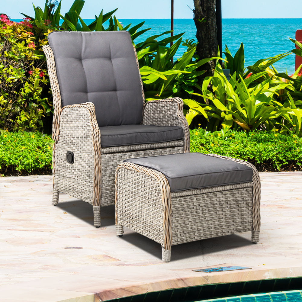 Gardeon Recliner Chair Sun lounge Wicker Lounger Outdoor Furniture Patio Adjustable Grey