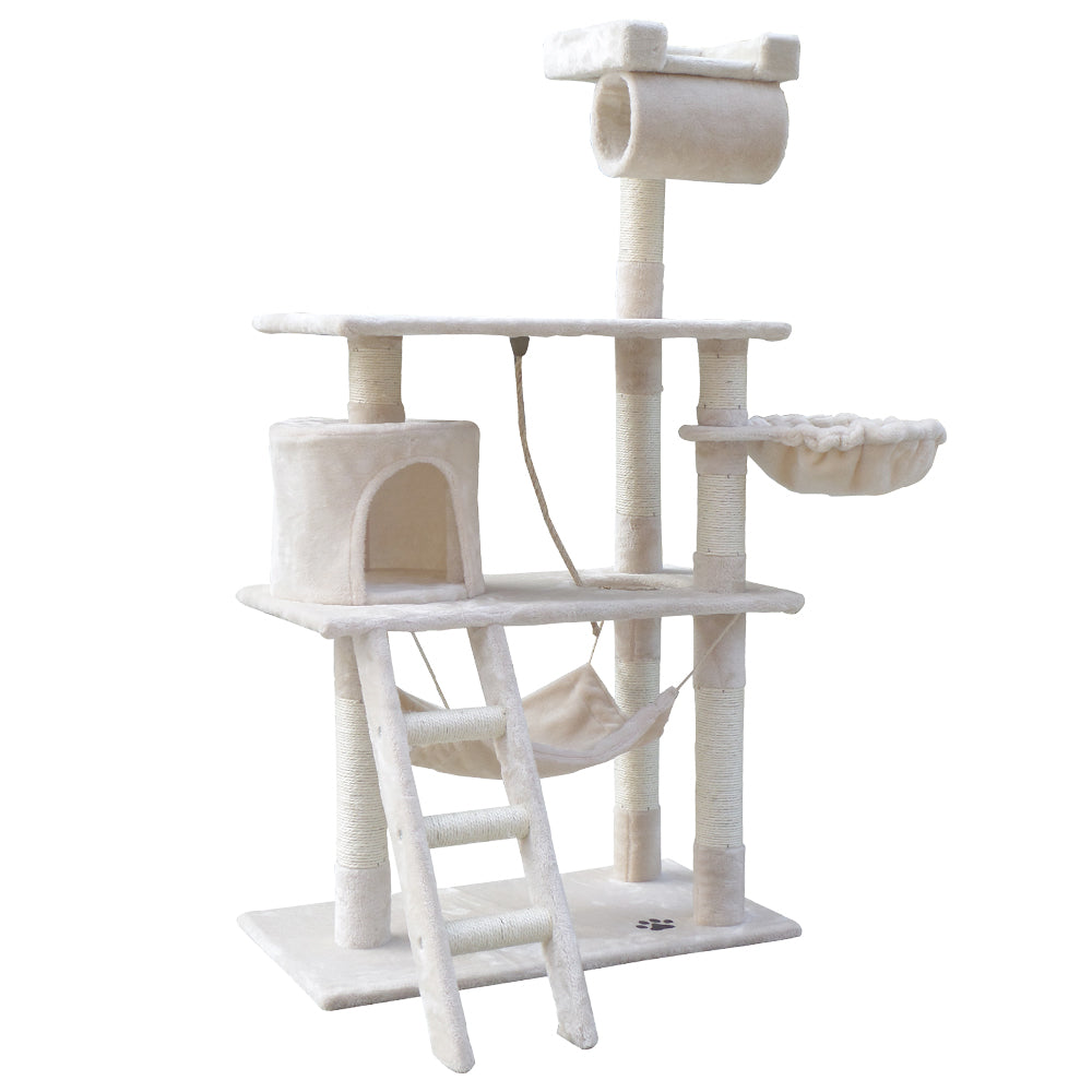 i.Pet Cat Tree 141cm Tower Scratching Post Scratcher Condo Wood House Bed Beige