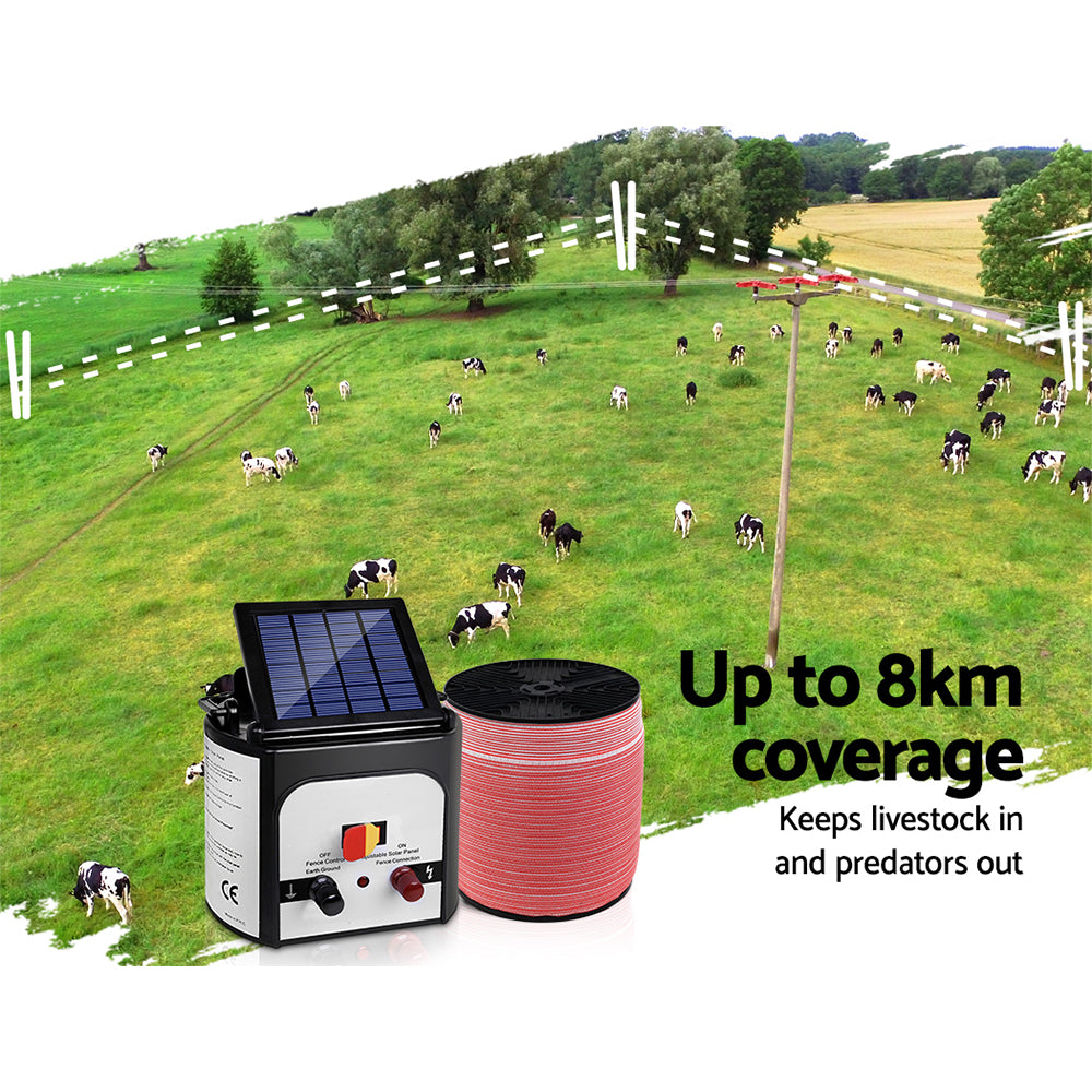 Giantz Fence Energiser 8KM Solar Powered Electric 2000M Poly Tape