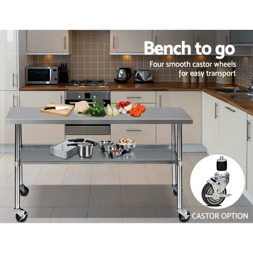 Cefito 430 Stainless Steel Kitchen Benches Work Bench Food Prep Table with Wheels 1829MM x 610MM