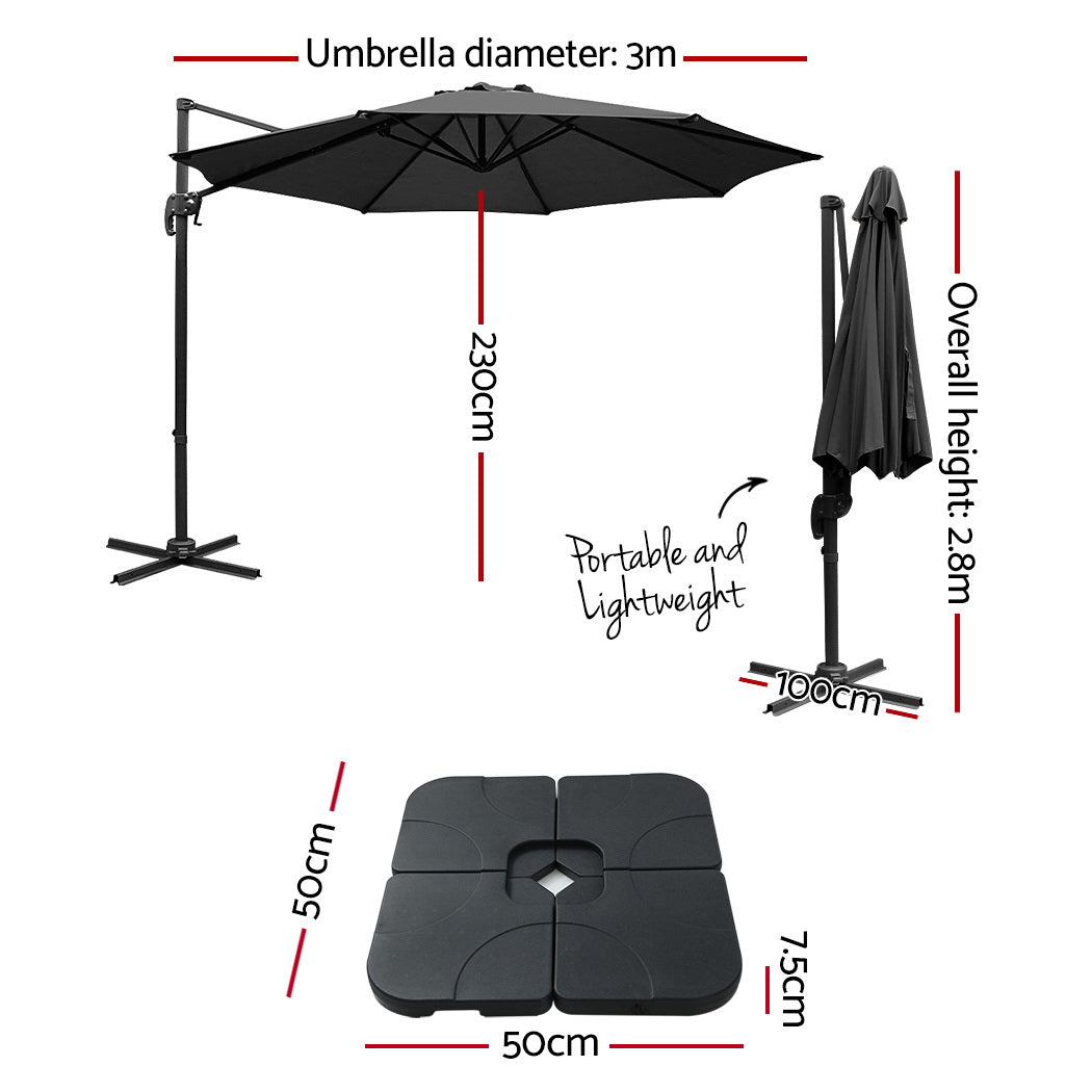 Instahut 3m Outdoor Umbrella w/Base Cantilever Beach Roma 360 Degree Tilt Black