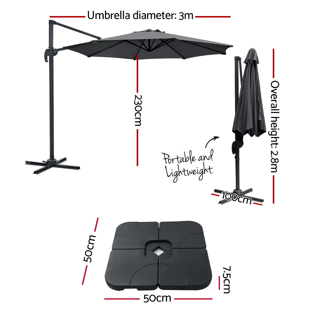 Instahut 3m Outdoor Umbrella w/Base Cantilever Beach Roma 360 Degree Tilt Charcoal