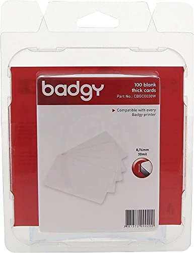 BADGY 100 X THICK Plastic Polyvinyl Chloride (PVC) cards (076MM-30MIL) Printable, Media thickness: 118 &quot; Includes 100 cards Color White