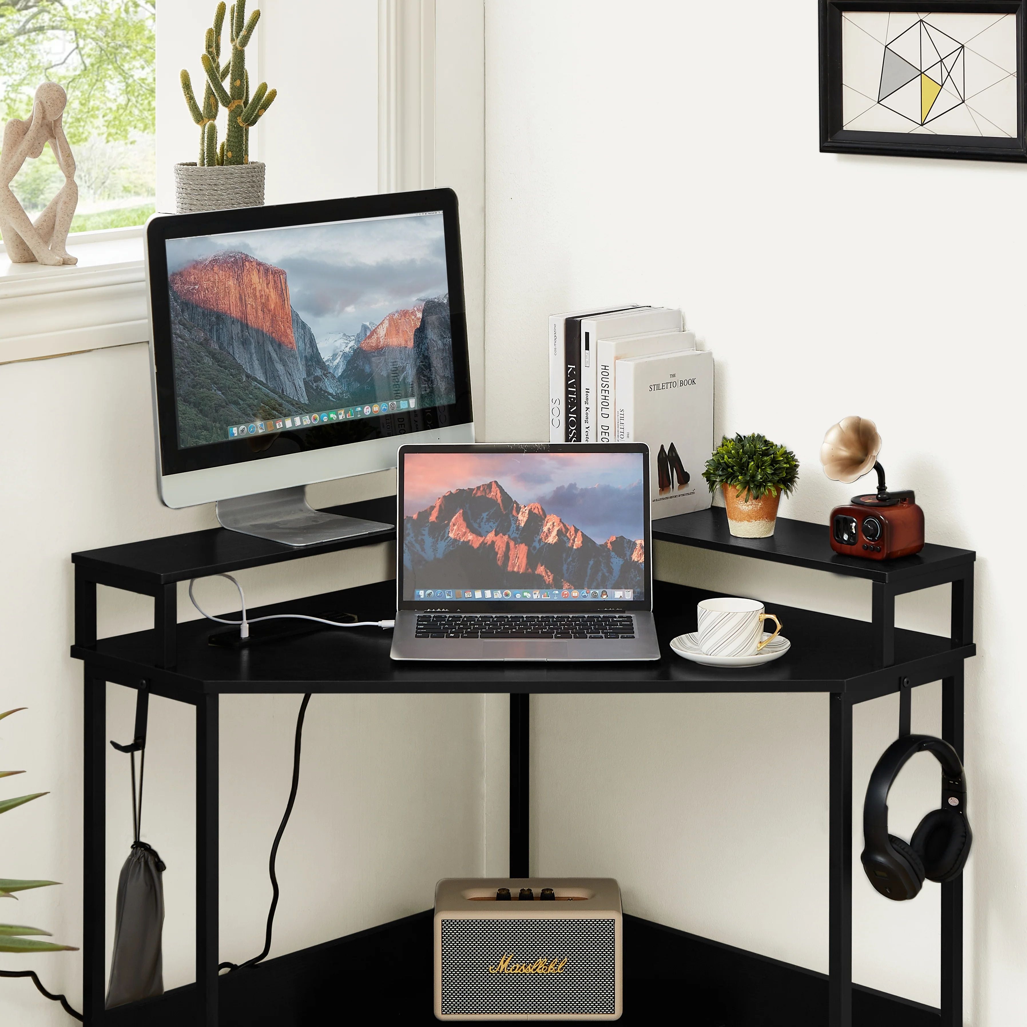 L-Shaped Desk with Built-In Charging Station, Black