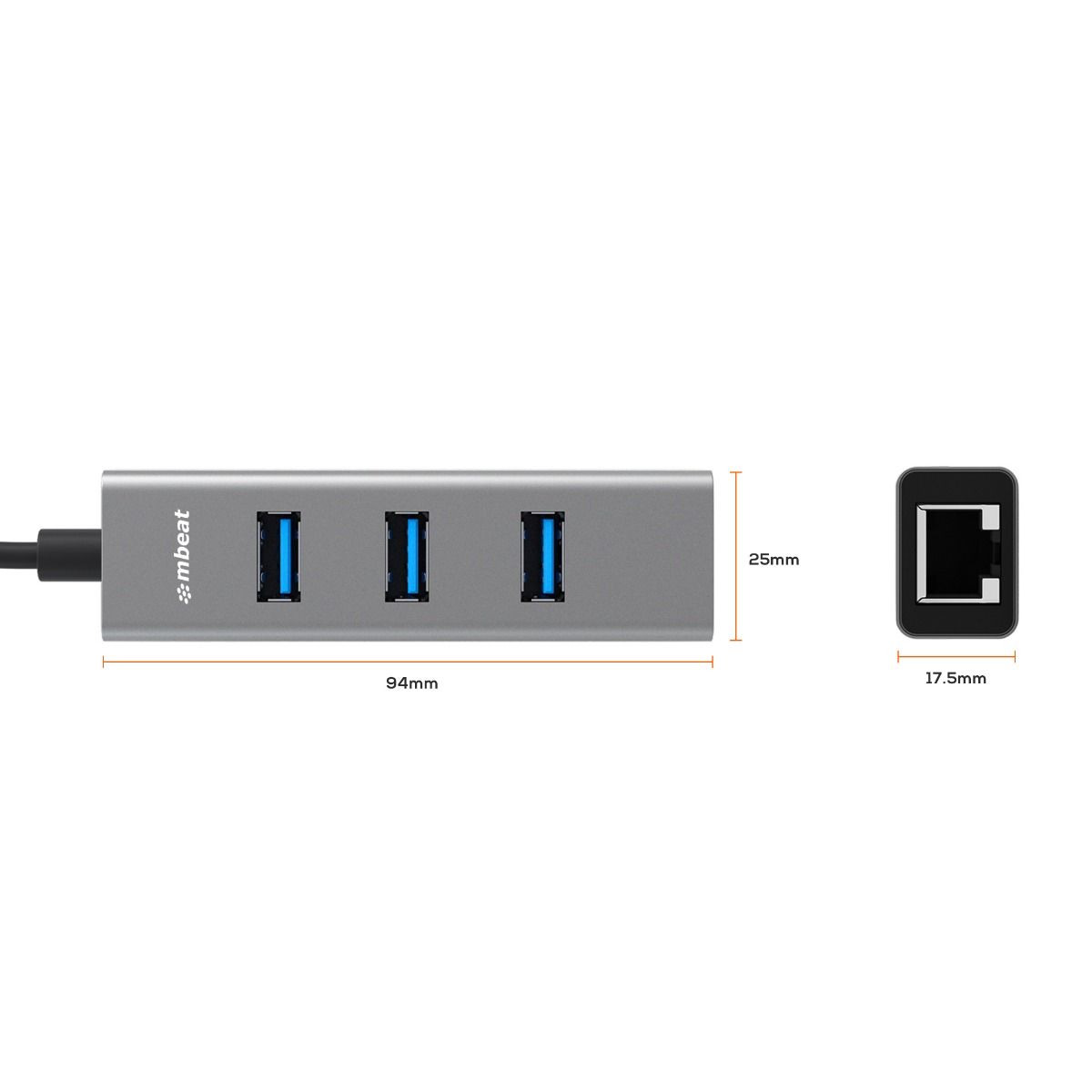 mbeat 3-Port USB 3.0 Hub & Gigabit LAN with 2-in-1 USB 3.0 & USB-C Converter - Space Grey