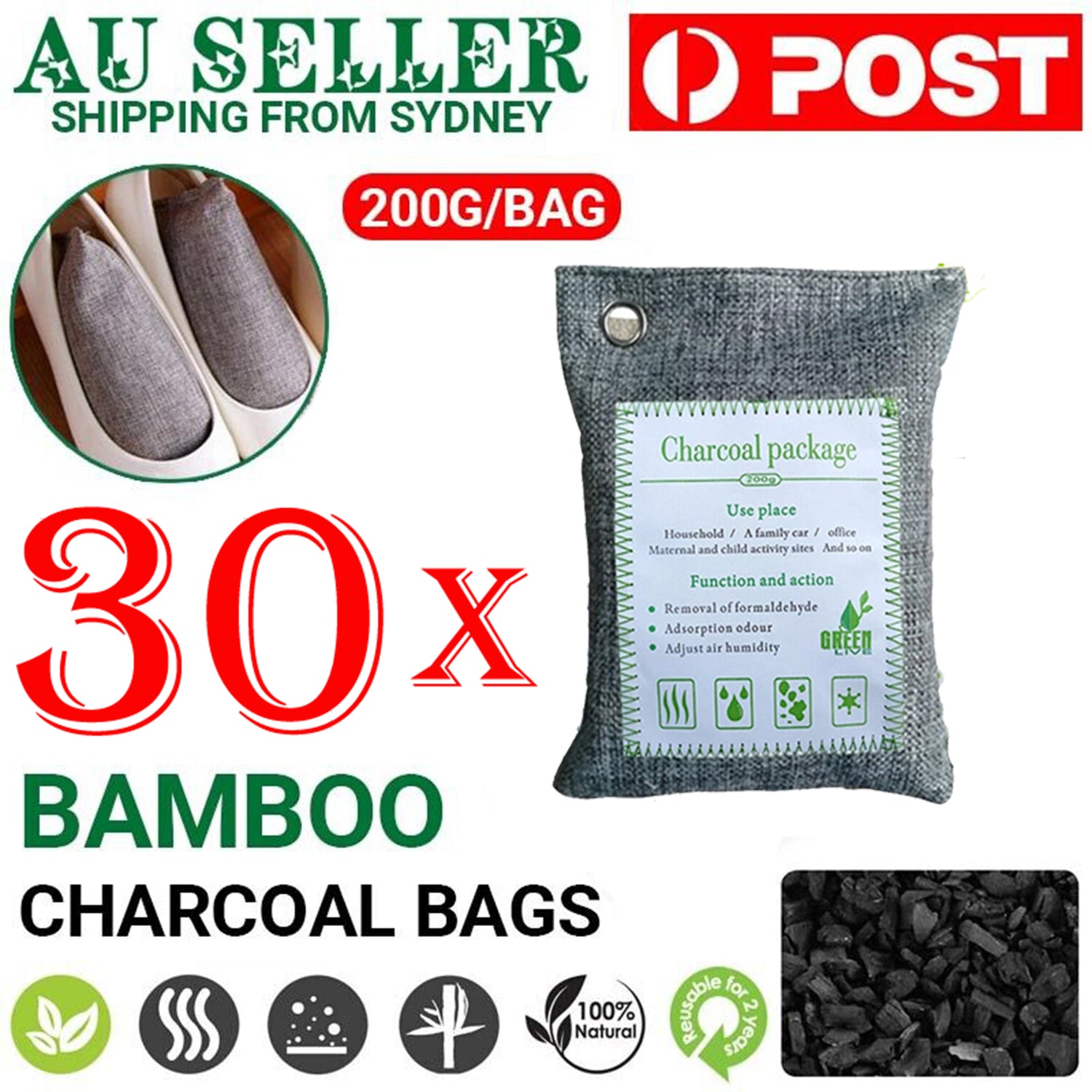 30PCS Air Purifying Bags Activated Bamboo Charcoal Freshener for Car Home Shoes 200g