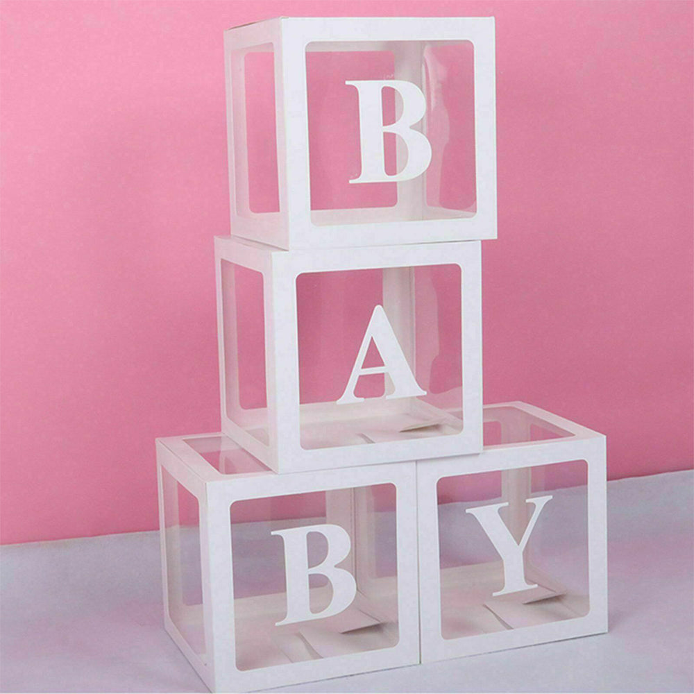 4Pcs/Set BABY Balloon Box Cube Blue Boxes Birthday Boy Baby Shower Party Wedding White