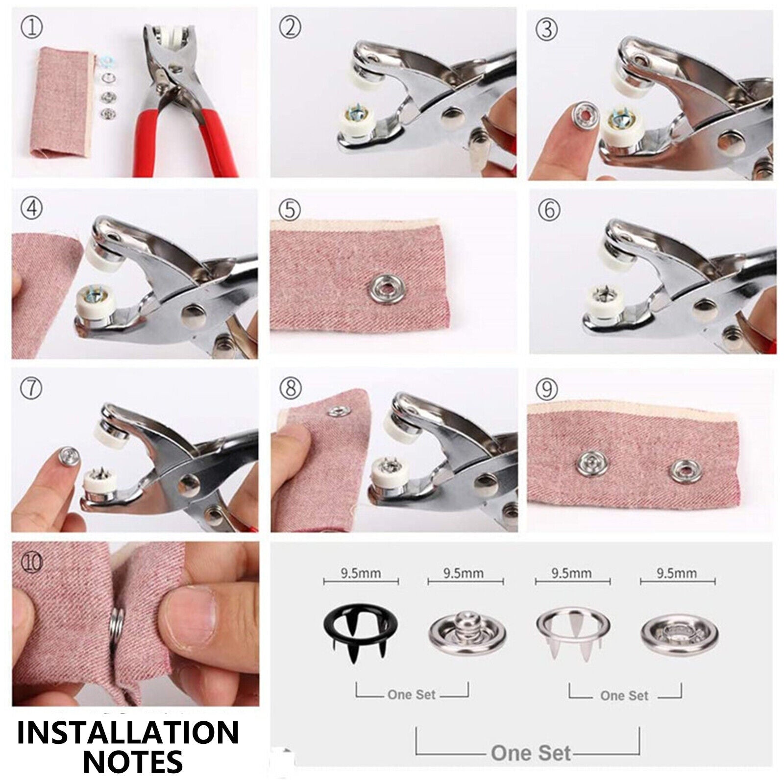 100Pcs Metal Sewing Buttons Press Stud Snap Fastener Kit Plier Snap On Tool DIY