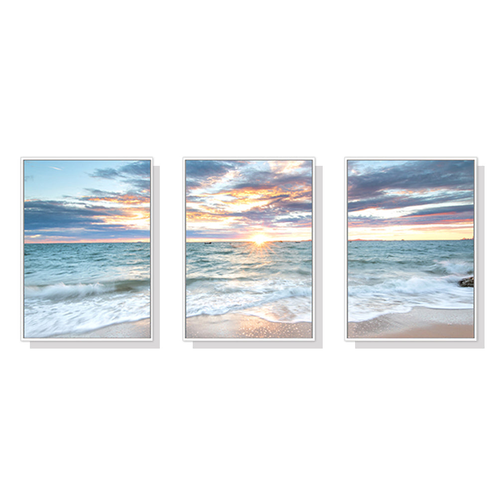 40cmx60cm Sunrise by the ocean 3 Sets White Frame Canvas Wall Art