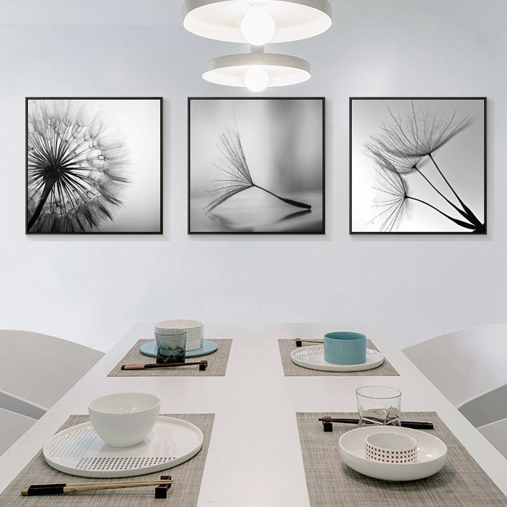 70cmx70cm Botanical dandelions 3 Sets Black Frame Canvas Wall Art