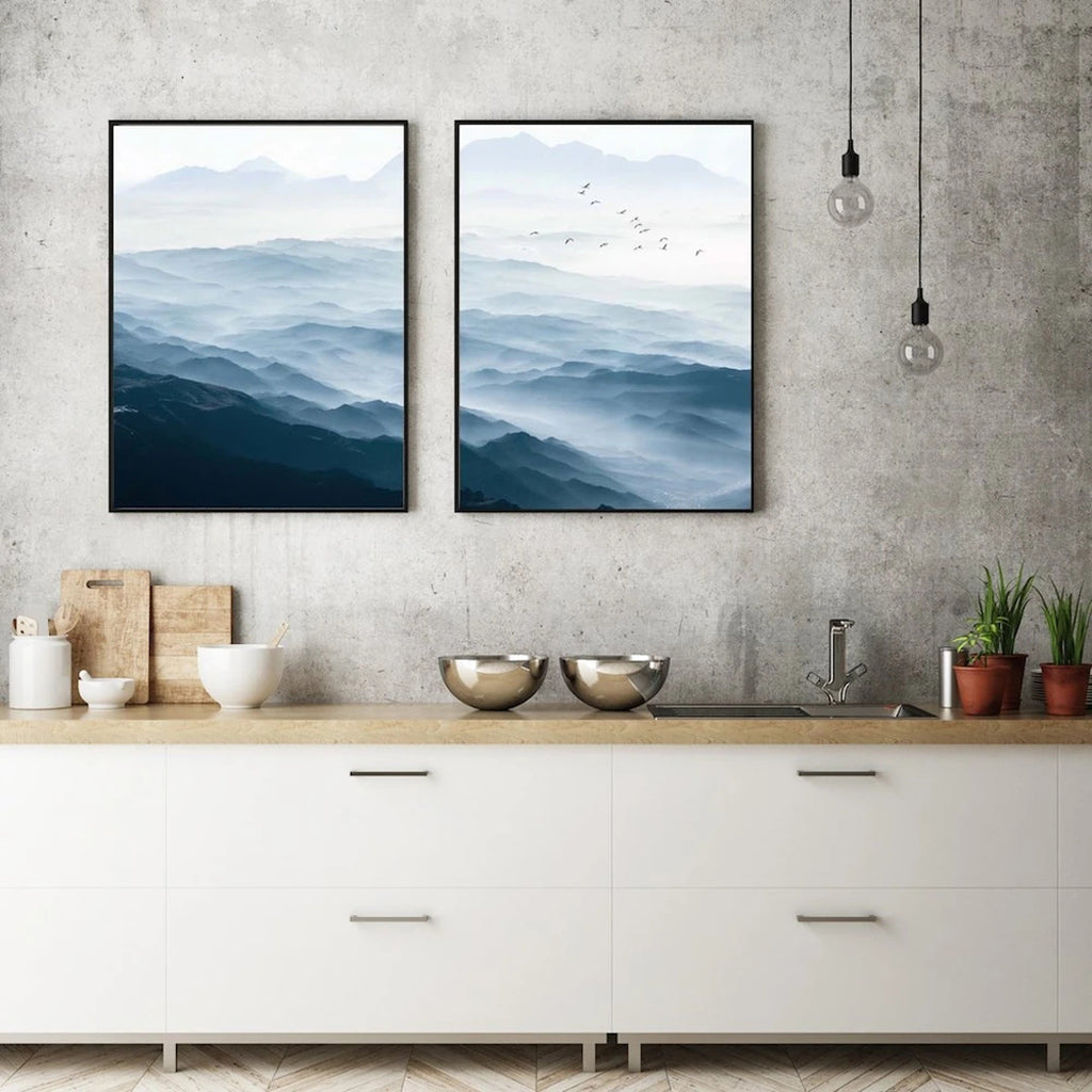 60cmx90cm Blue mountains 2 Sets Black  Frame Canvas Wall Art