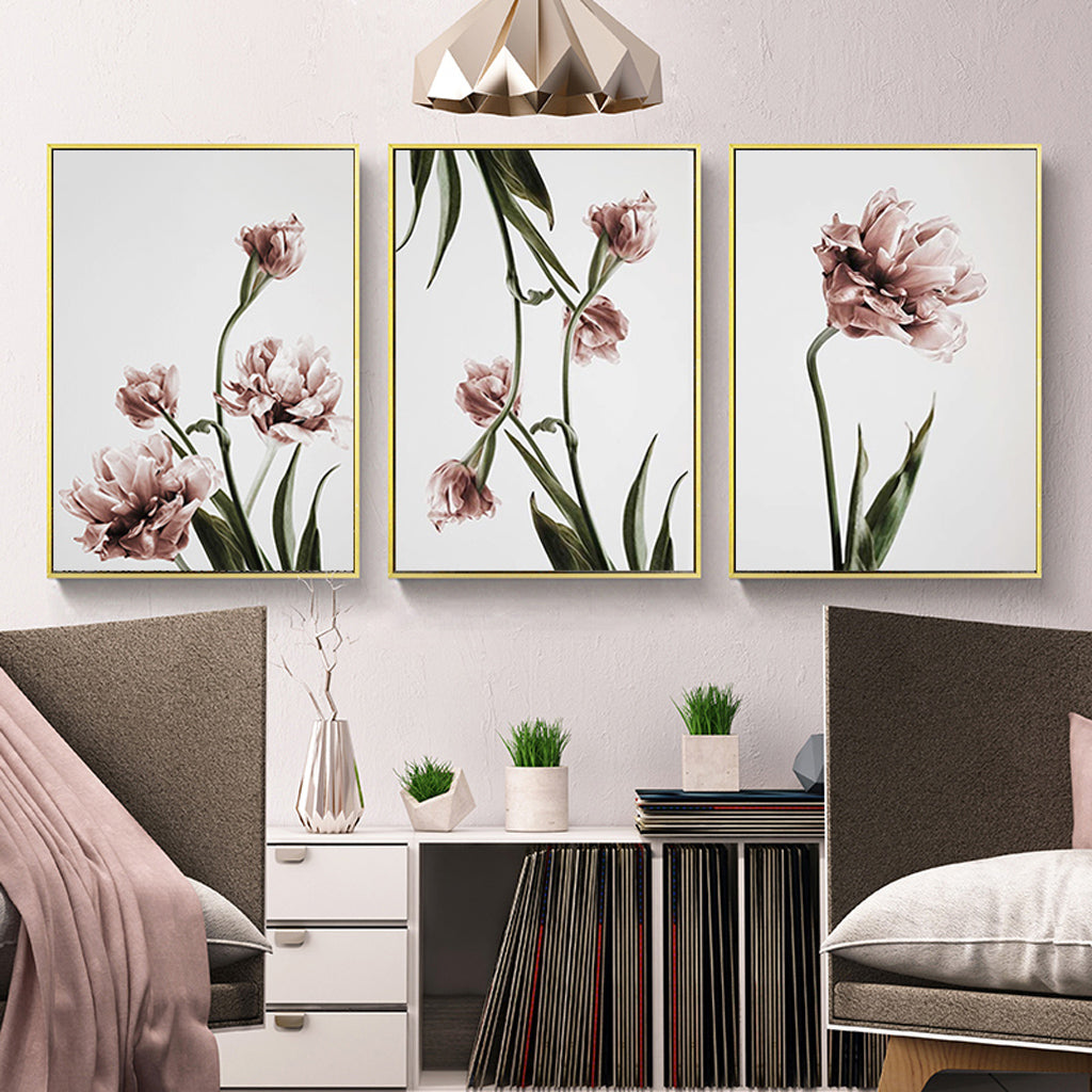 60cmx90cm Tulip Flower 3 Sets Gold Frame Canvas Wall Art