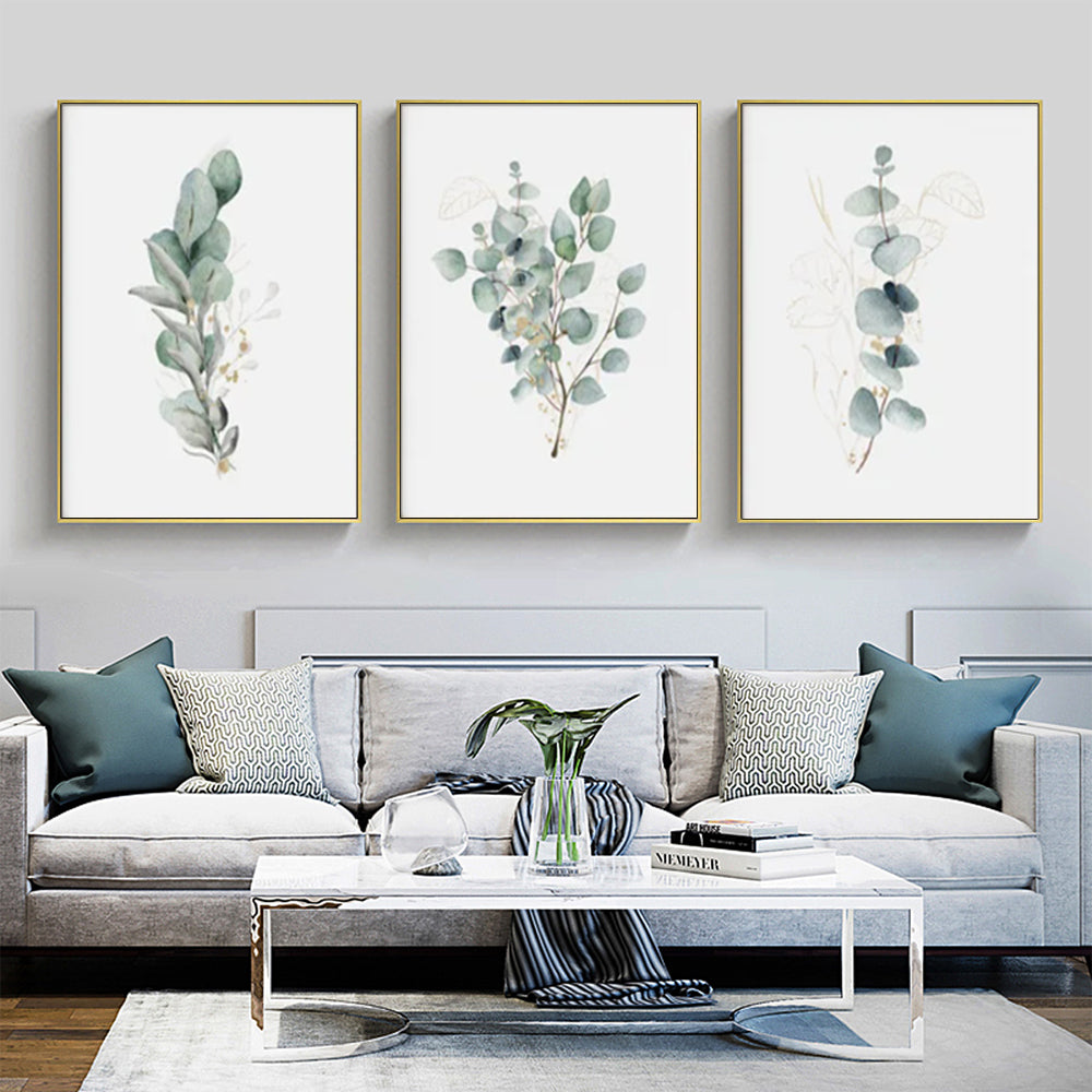 40cmx60cm Eucalyptus Plant 3 Sets Gold Frame Canvas Wall Art