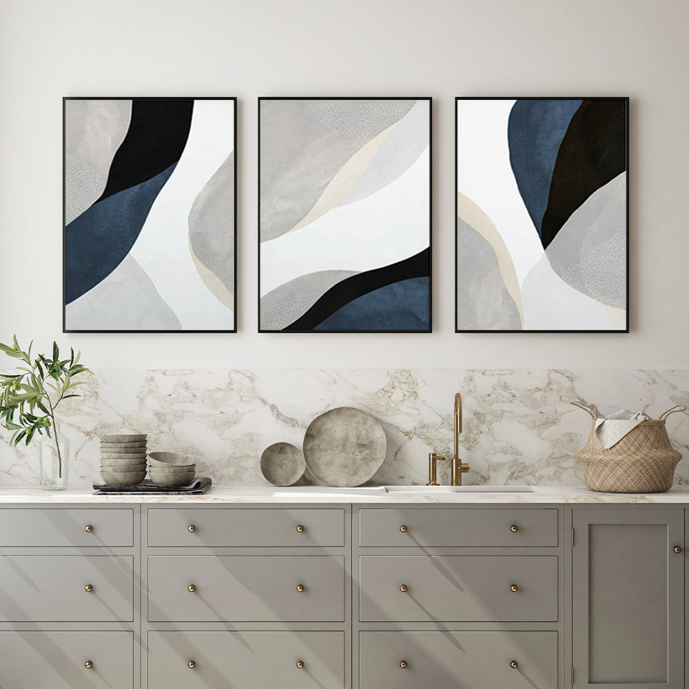 40cmx60cm Abstract Navy Blue 3 Sets Black Frame Canvas Wall Art