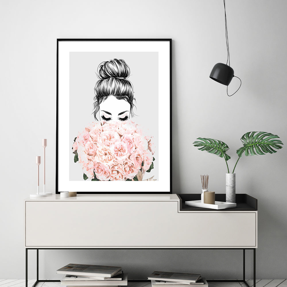 80cmx120cm Roses Girl Black Frame Canvas Wall Art